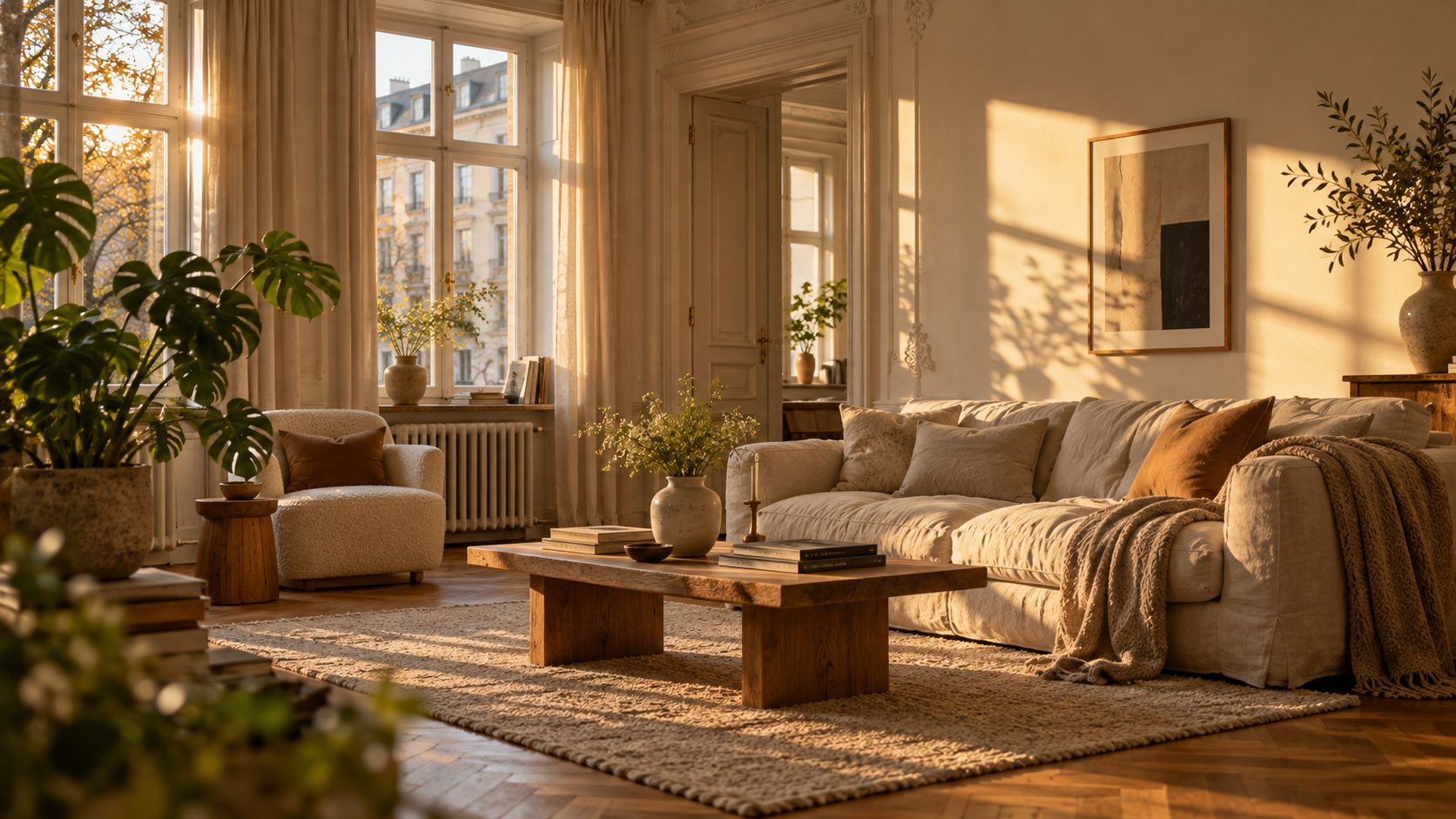 Ruhiges Wohnzimmer im Altbau im warmen Abendlicht, mit Leinensofa, Wollteppich und Pflanze